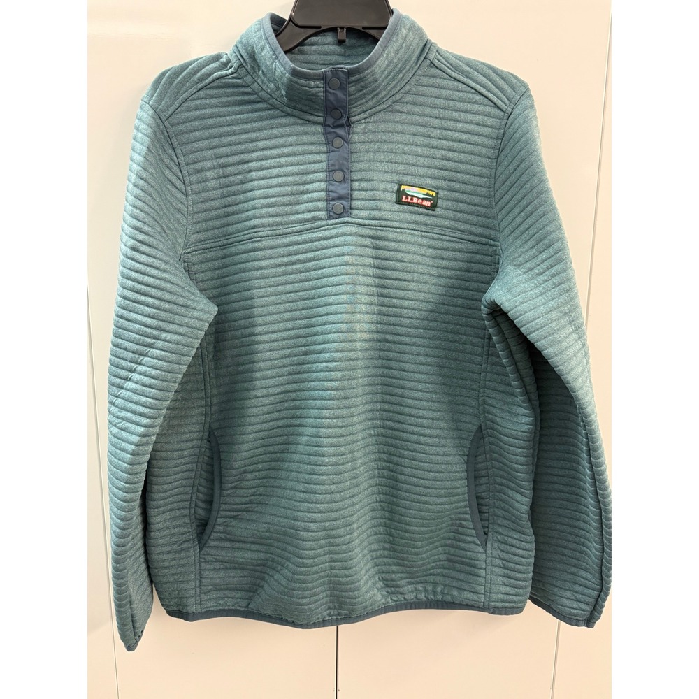 LL Bean AirLight Quilted Pullover Snap Neck Teal Blue Large 506463